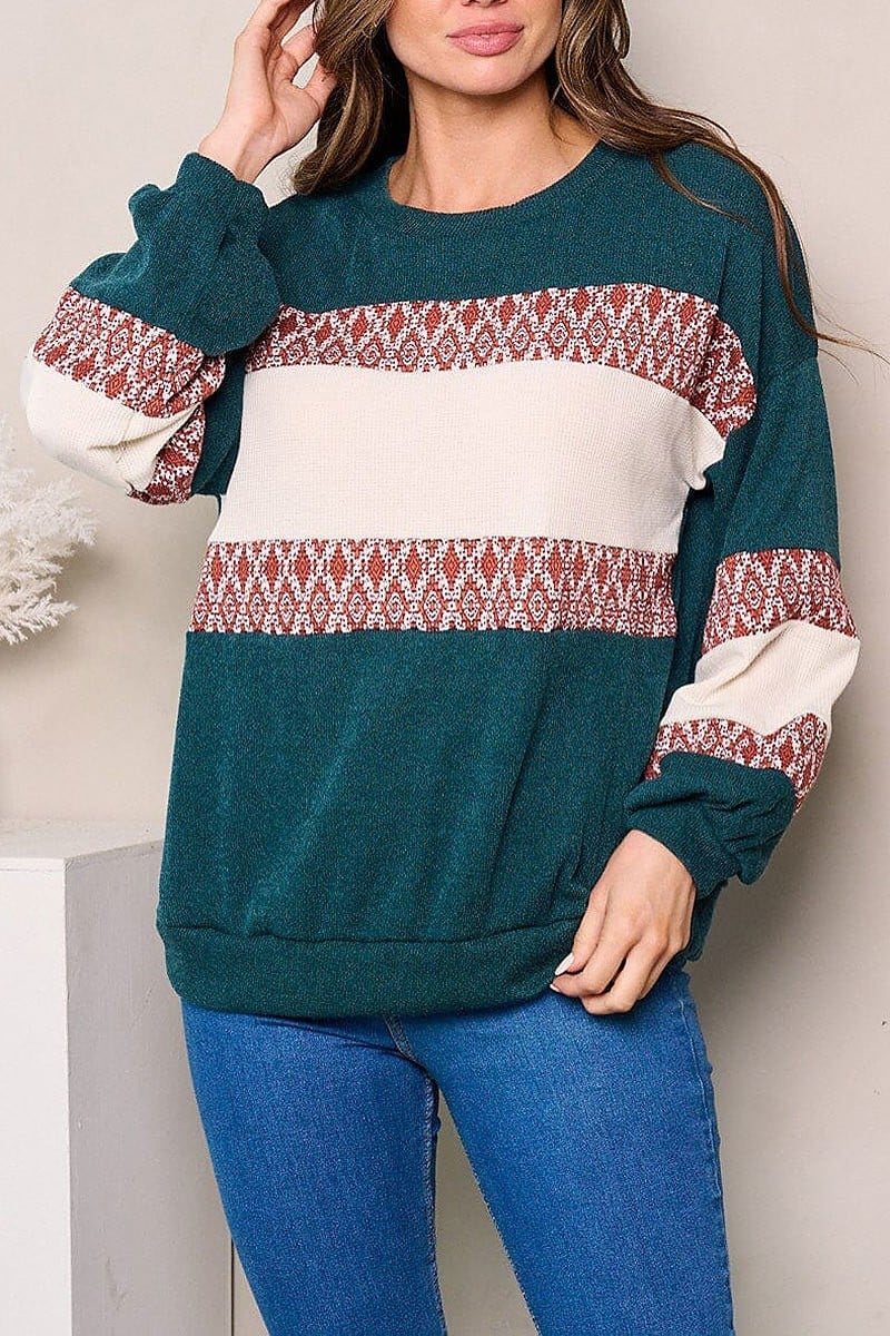 Long sleeves colorblock printed top (EFWT3885)