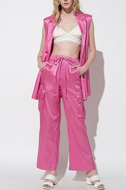 Sholder padding top & wide leg pants satin set (EFWT6159)