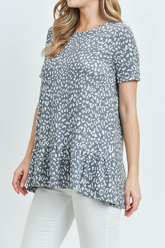 Short sleeved ruffle detail hem leopard tunic (ED9022-2)