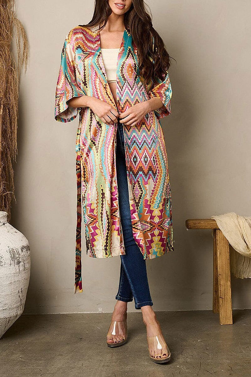 Quarter sleeve self tie multi print kimono (EFWT1760)