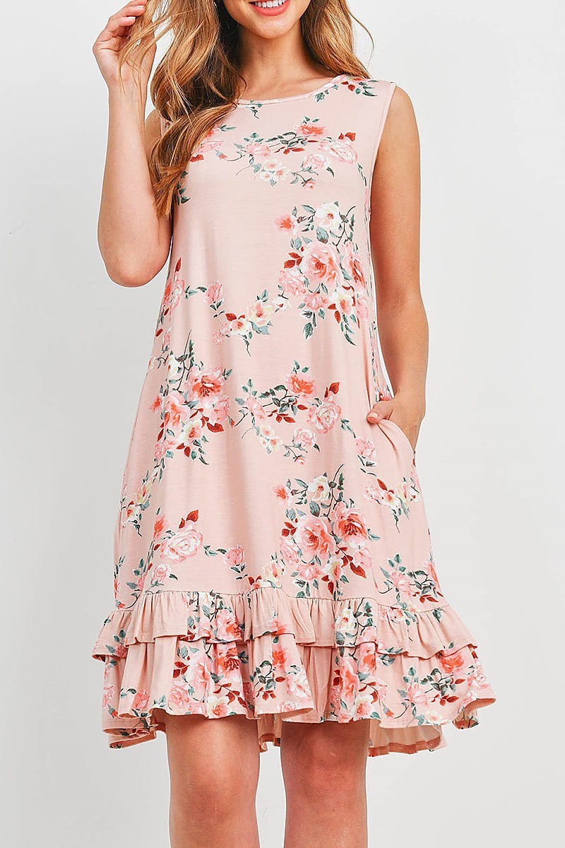 Sleeveless ruffle hem floral print pocket dress (DED6391)