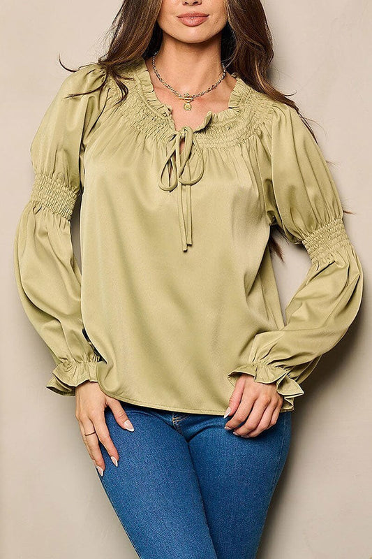 Long smock sleeve neck tie blouse top (EFWT4490)