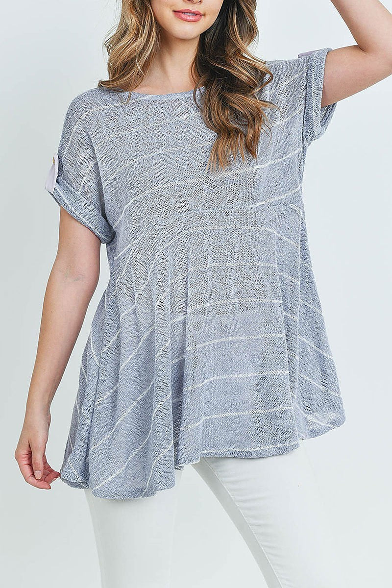 Stripe roll up sleeve flare top (ED8609-1)