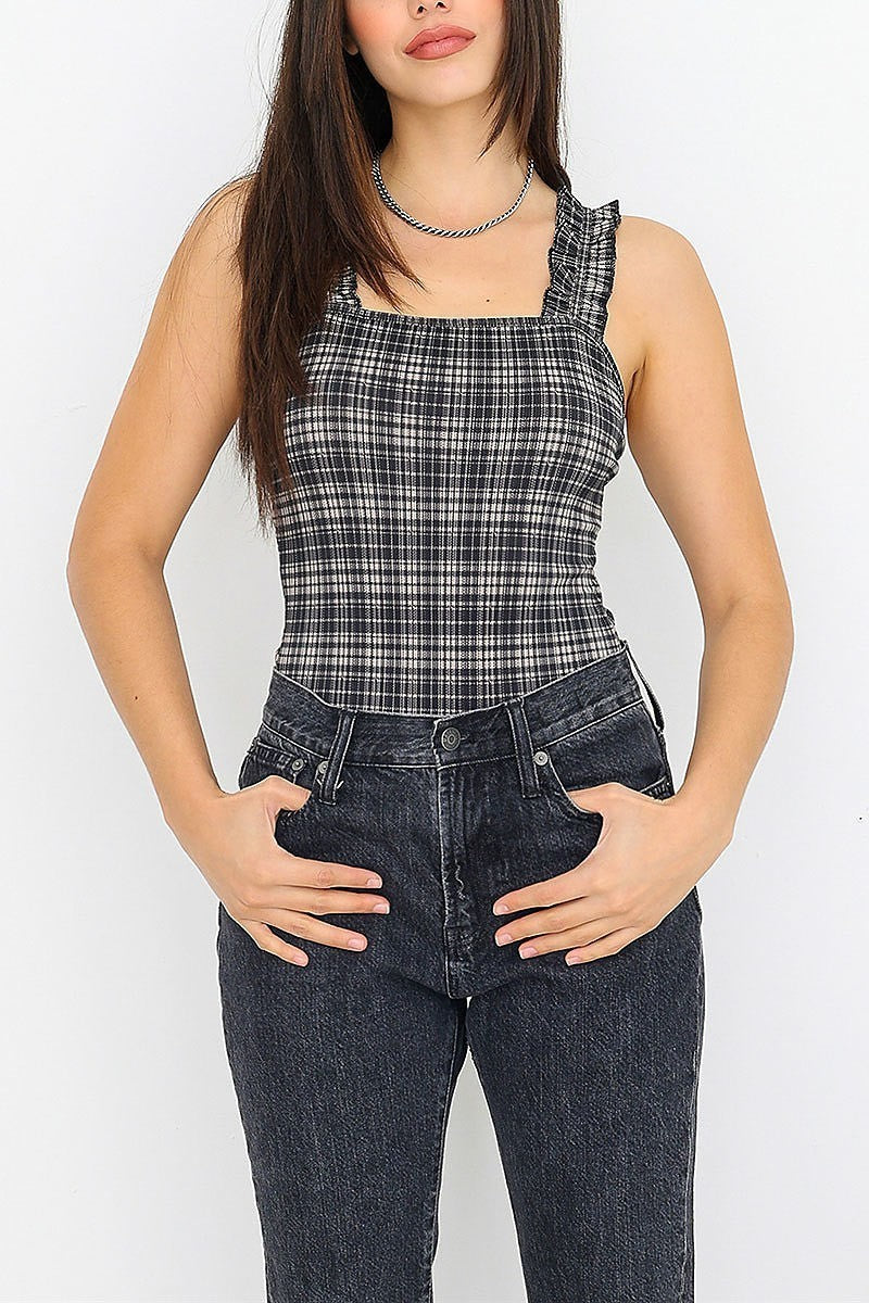 Ruffle detail strap plaid bodysuit (TED1321)