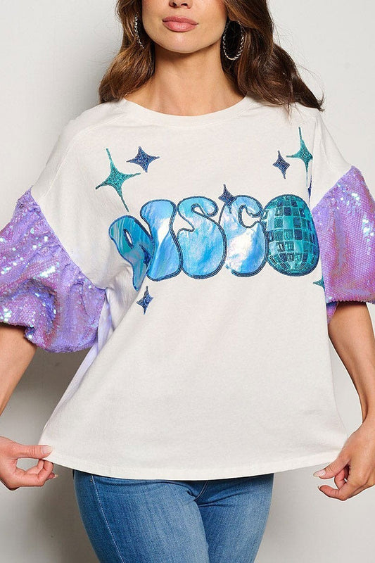 Short sleeve disco sequins graphic blouse top (EGWT1186)