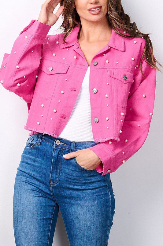 Button closure pearl detailed denim jacket (EFWT7596)