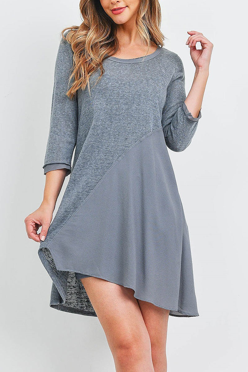 Mix fabric asymmetrical hem tunic dress (DED6419-1)