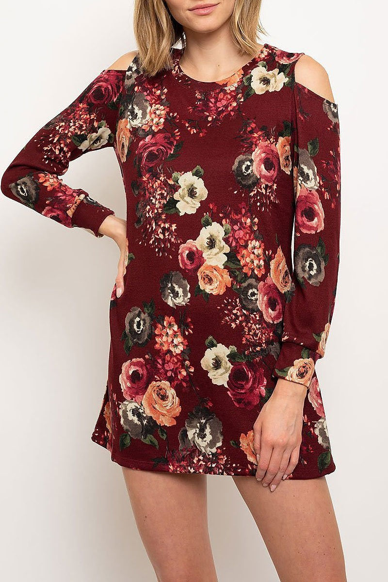 Cold shoulder floral print dress (EDWT2316)