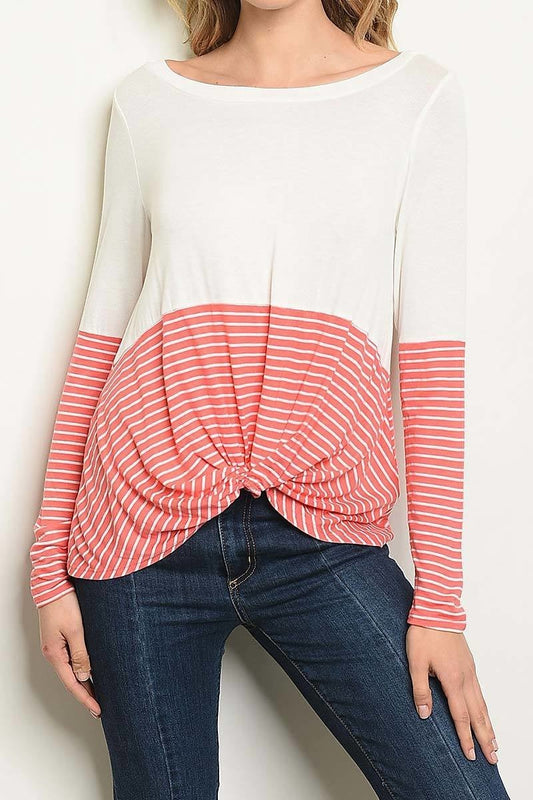 Solid and stripe mix twist waist loose fit top (DG9653-2)