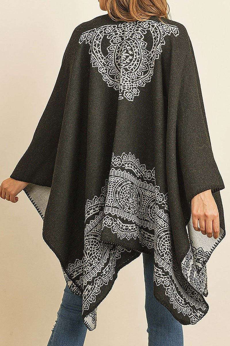 Lace print long kimono poncho sweater (DGS4881)