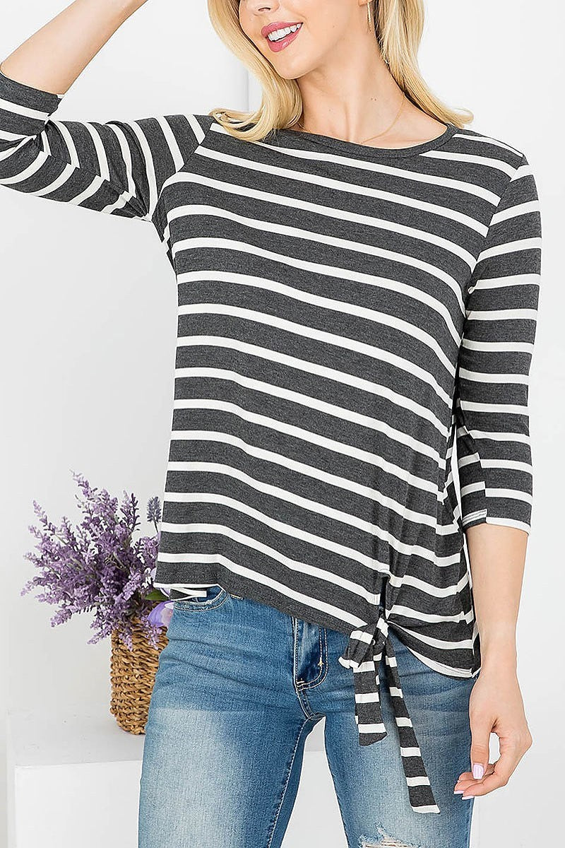 Waist tie stripe loose fit top (EF4138)