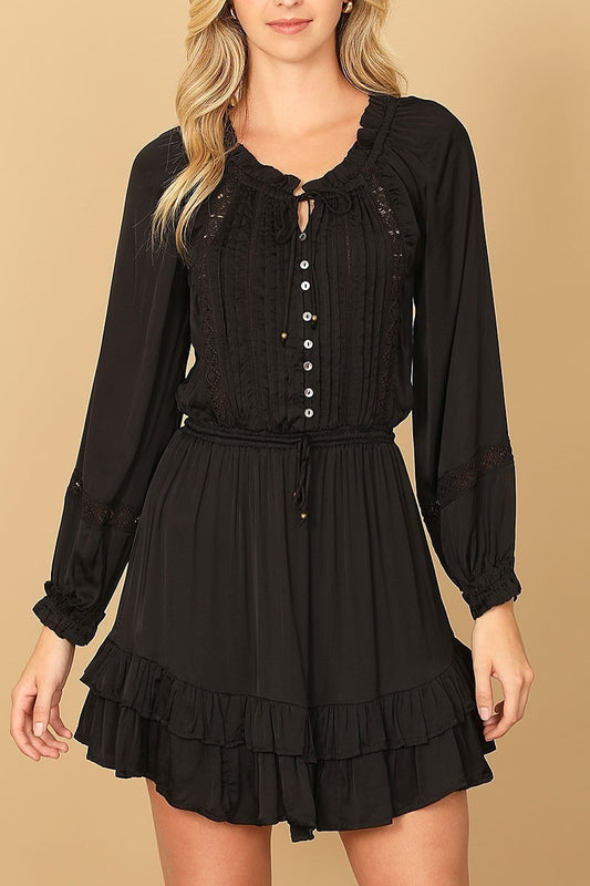 Long sleeve pleated front ruffle hem mini dress (DED9784)