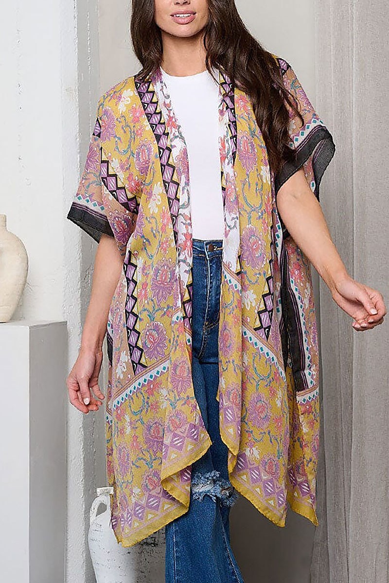 Short sleeve open front flowers print kimono (EFWT1186)