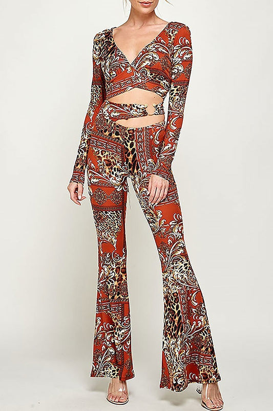 Paisley print wrap crop top and pants set (EF2899)