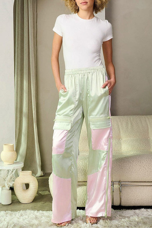 Pockets colorblock zipper detailed wide leg pants (EFWT8864)