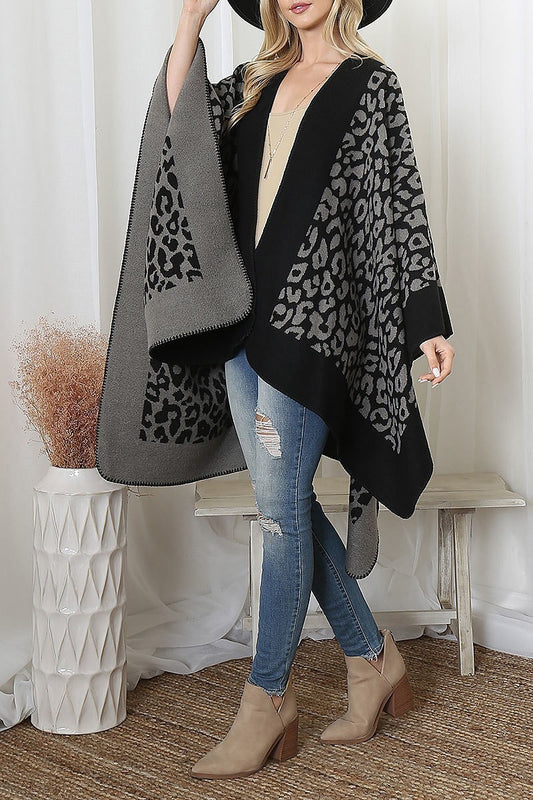 Border line leopard print warmer open front kimono (DGS6196)