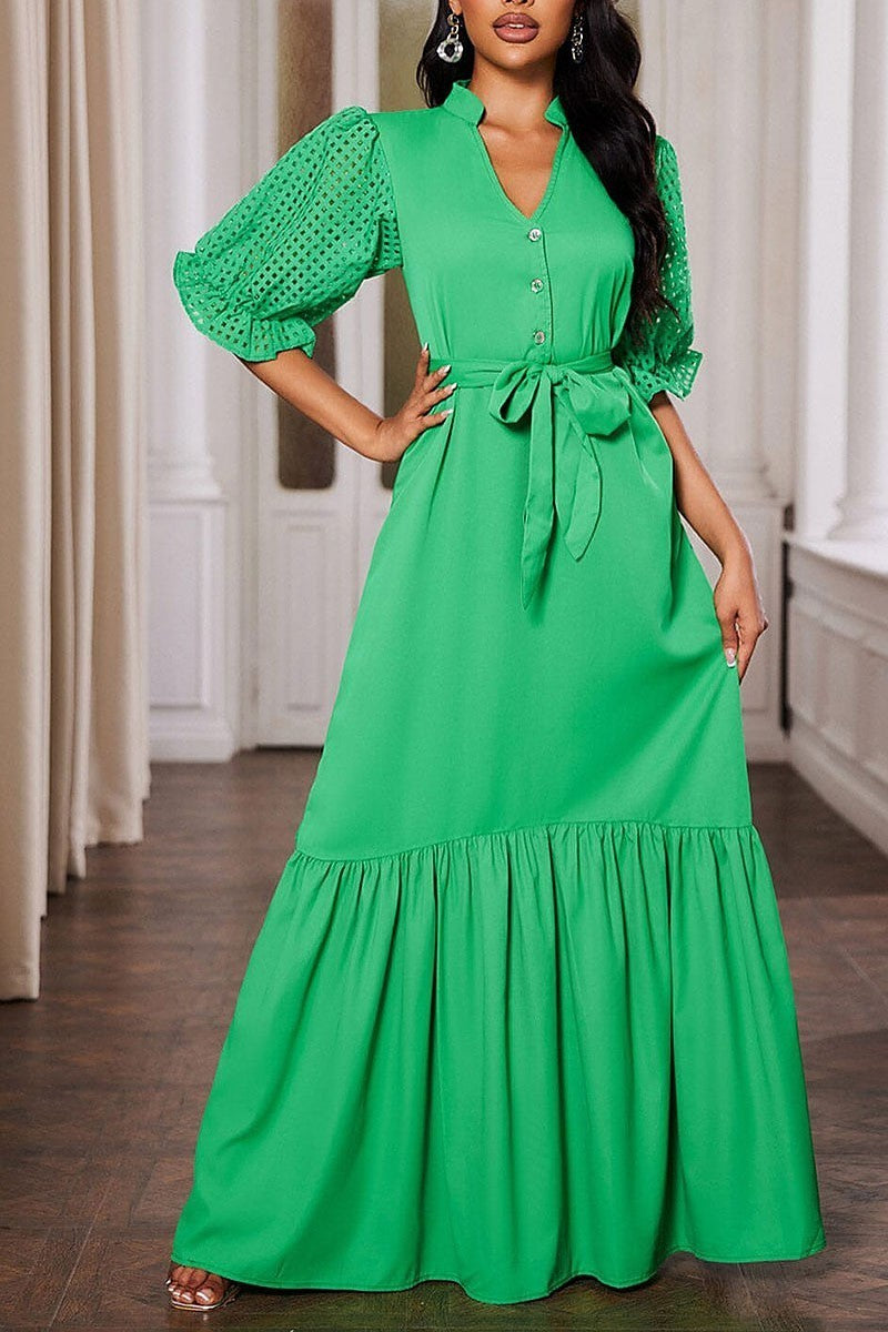 Short puff sleeve v-neck ruffle maxi dress (EGWT1099)