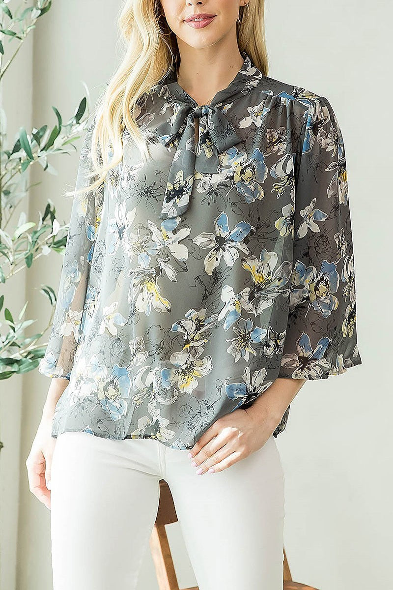 Floral print tie neck loose fit top (EF3935)