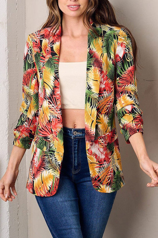 Open front leaf print blazer (EFWT3046)