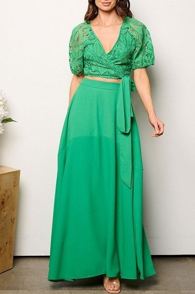 Short sleeve eyelet crop top & maxi skirt 2pc. set (EFWT9233)