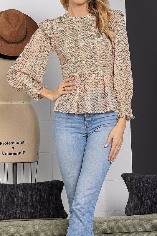 Ruffled shirring peplum long sleeve top (EDSW3836)