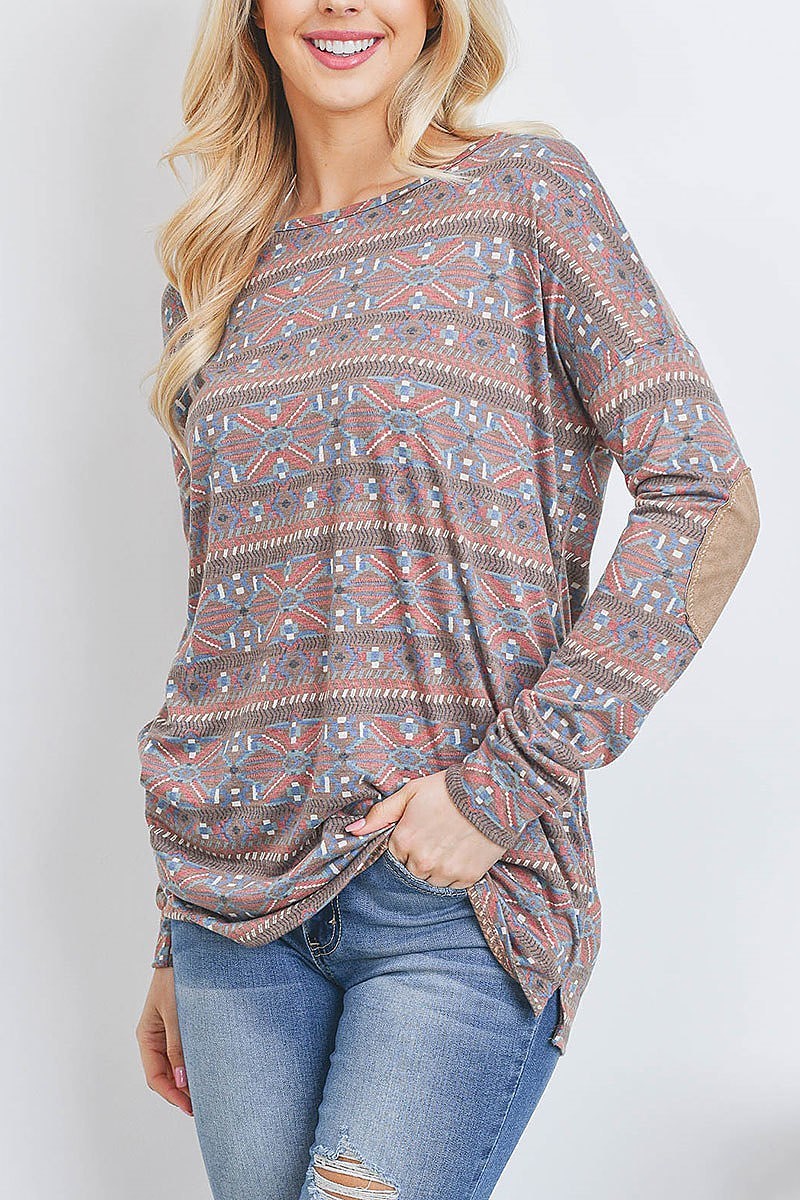 Tribal print elbow patch detail top (EF2648)