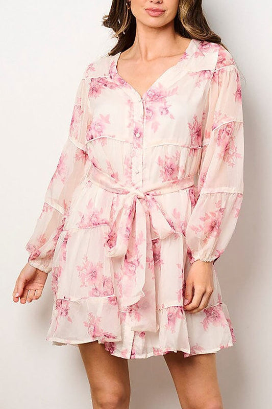 Long sleeve button up tiered floral mini dress (EFWT8906)