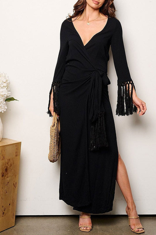 Long tassel sleeve v-neck wrap maxi dress (EGWT1030)