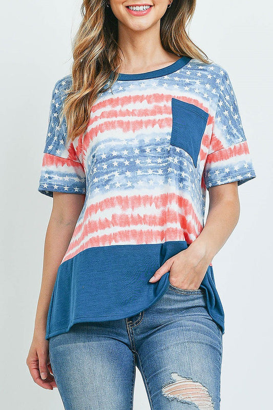 Tie dye american flag solid contrast pocket top (ED9922)