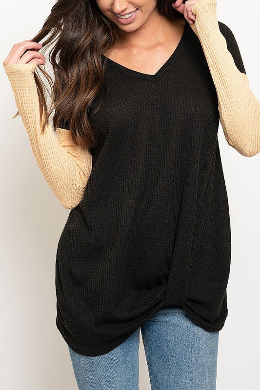 Twist hem v neck color block waffle top (EDWT2442)