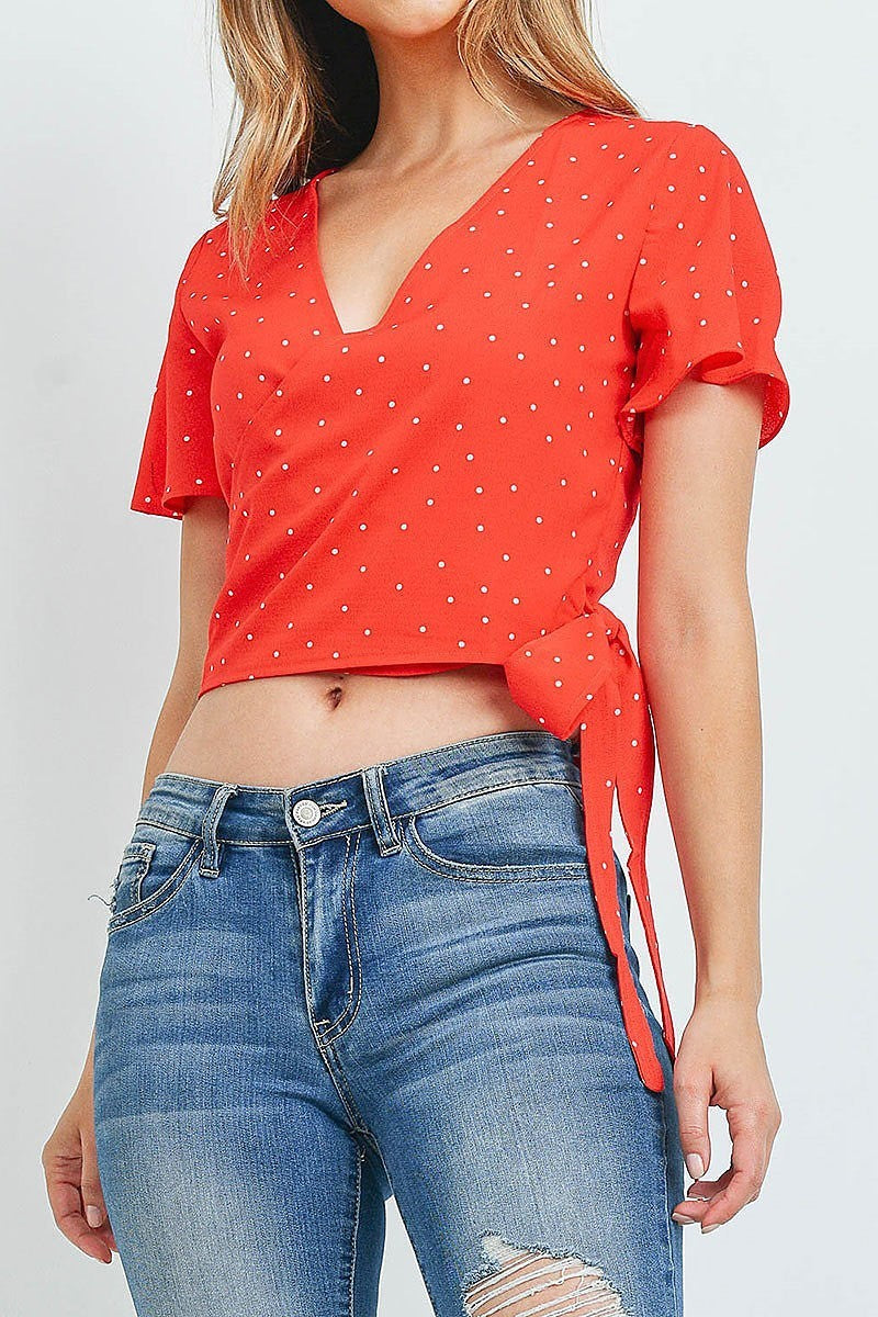 Waist tie wrap front polka dot print top (ED9808)