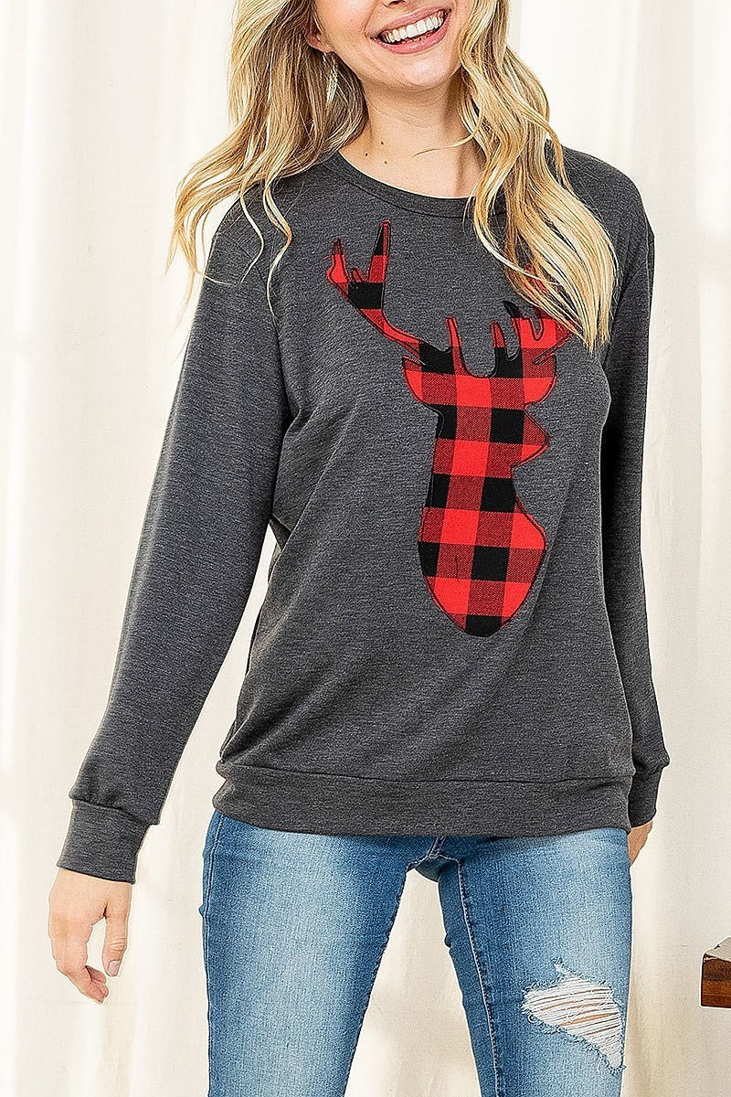 French terry long sleeve plaid reindeer print top (EF2506)