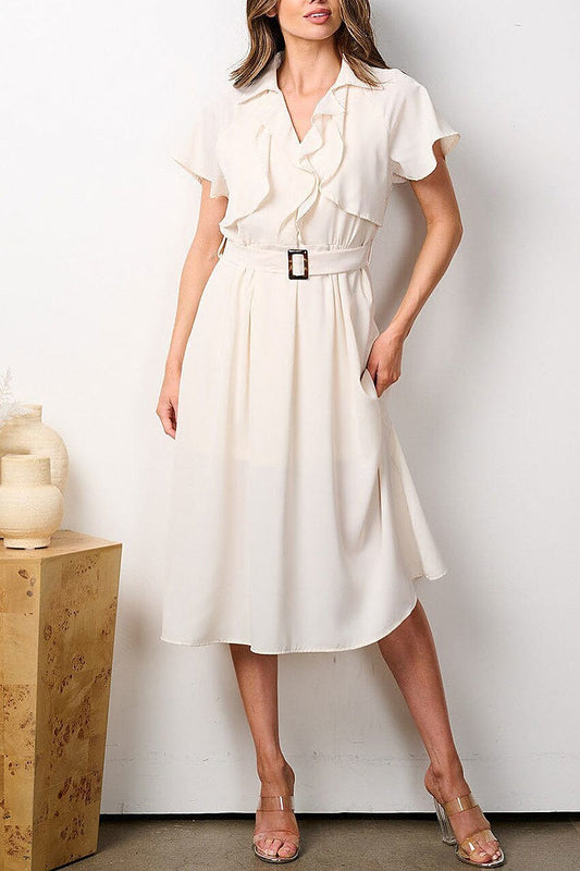 Short sleeves ruffle belted midi dress (EFWT7756)