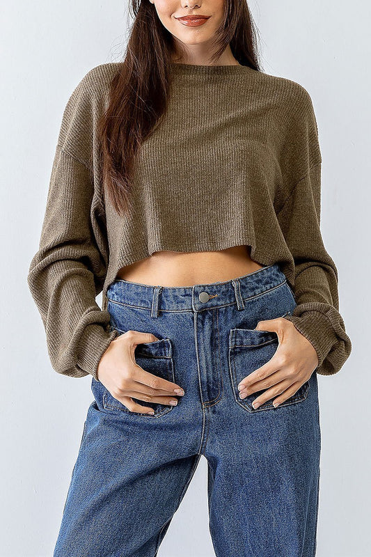 Ribbed bubble sleeve crop sweater (TED1142)