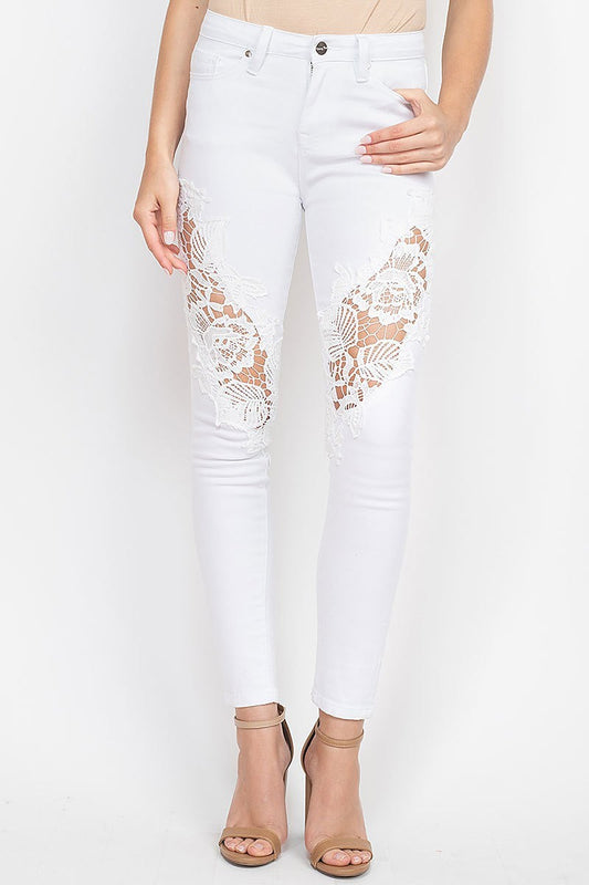 Lace trimmed skinny white jean (DGB3247)