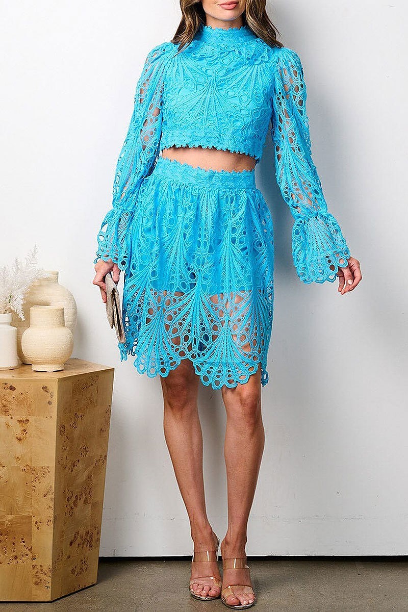 Long bell sleeve crop top & mini crochet skirt set (EFWT7744)