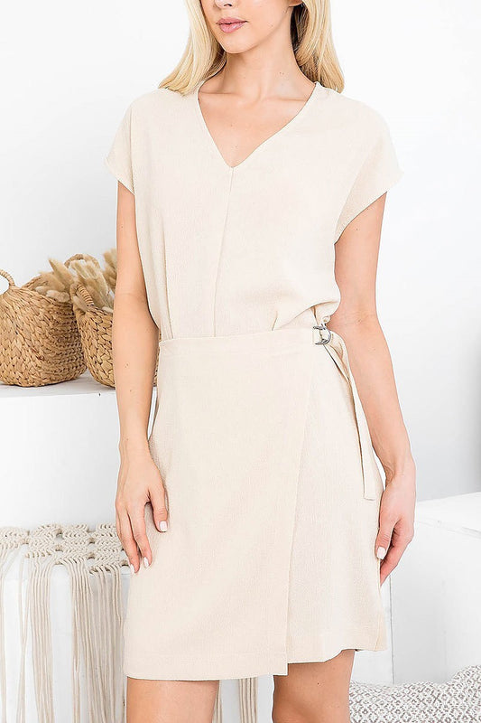 Wrap front waist tie v neck dress (DED6887)