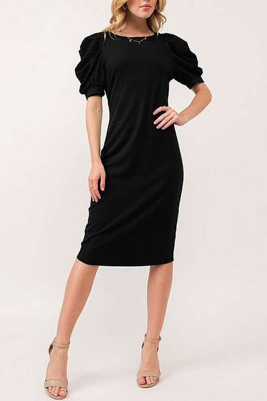 Short puff sleeve bodycon ribbed midi dress (EGWT1445)