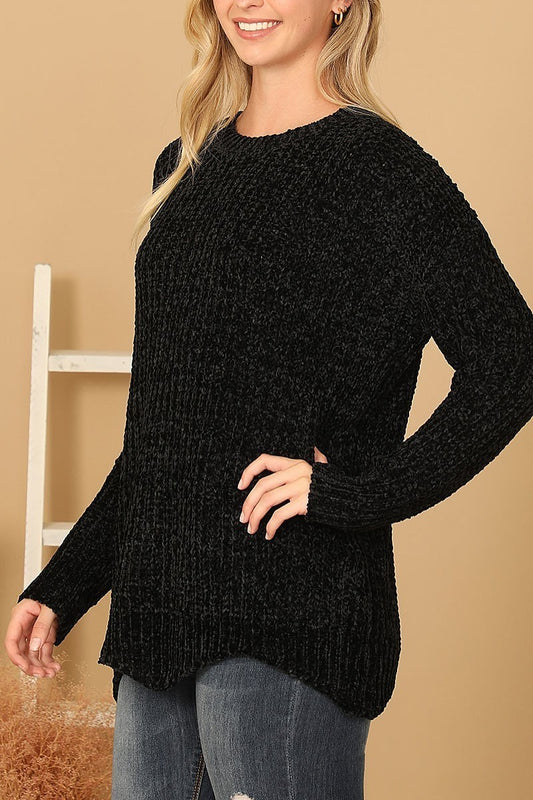 Round neck curved hem knit sweater (DGS6701-2)