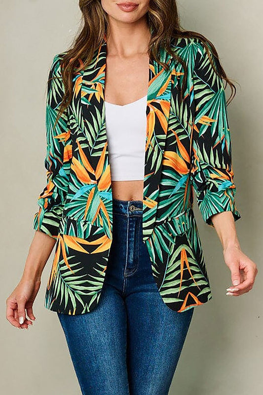 Quarter sleeve open front leaf print blazer (EFWT2829)