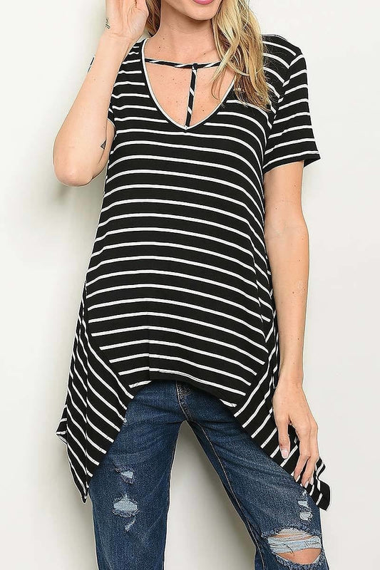 Shark bite hem detail v neck stripe top (ED4238-LAST)