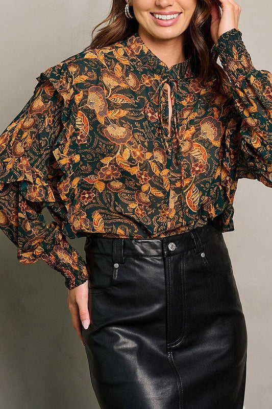 Long sleeve neck tie ruffle floral blouse top (EGWT1865)