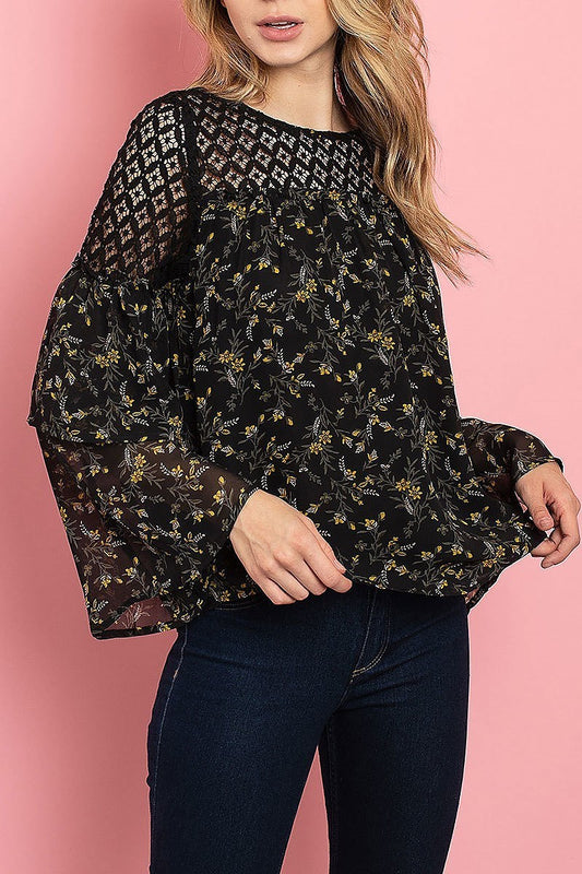 Lace trimmed bell sleeve floral print top (ED7931)