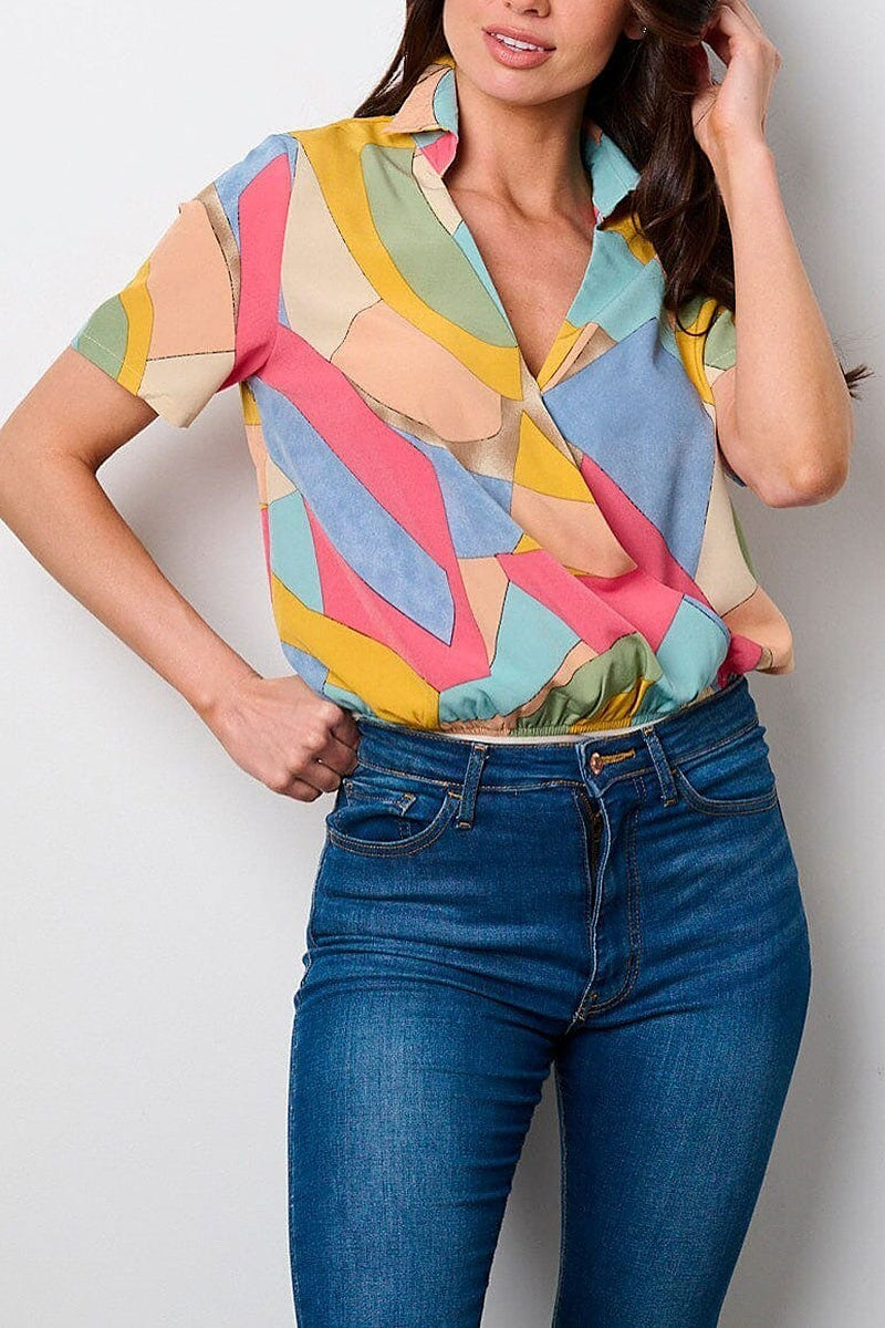 Short sleeve surplice multi colors bodysuit (EFWT9381)