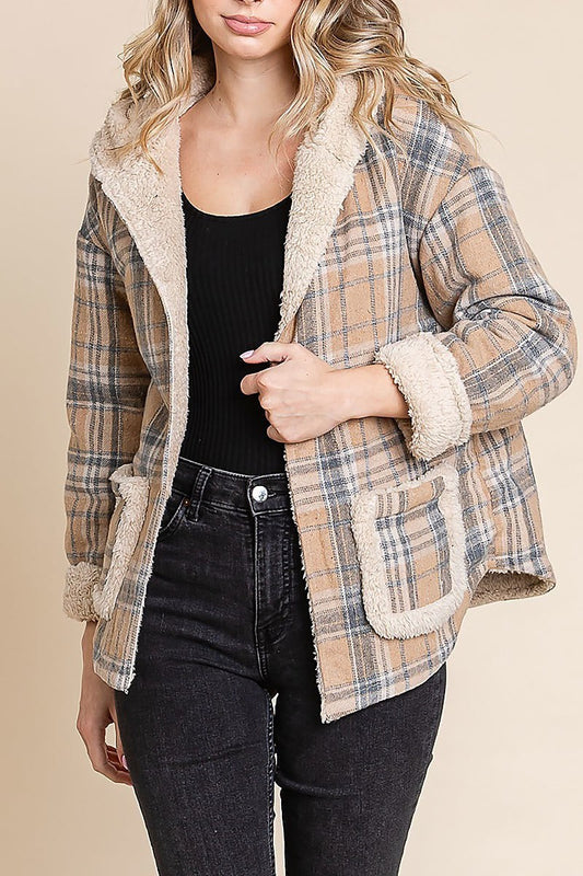 Flannel plaid reversible hooded fur jacket (EDH1944-1)