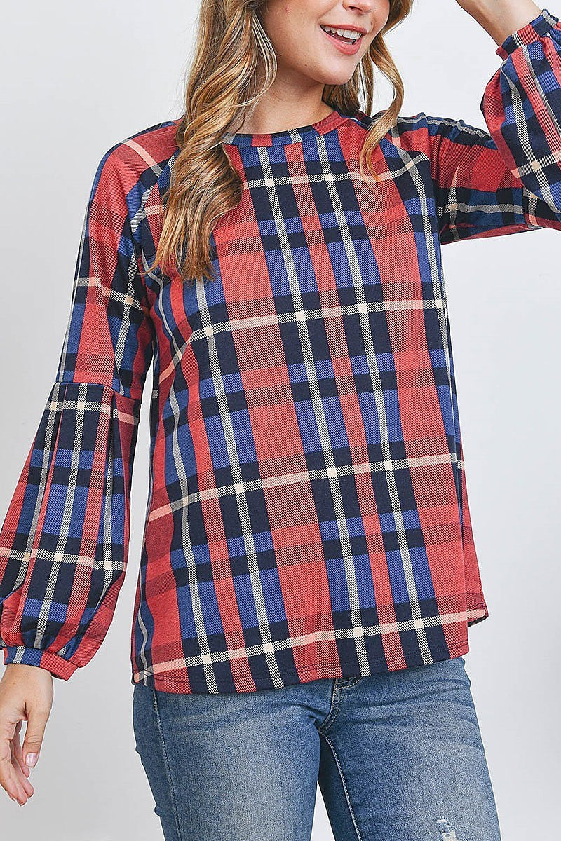 Puff sleeve crew neck plaid top (EF2399-1)