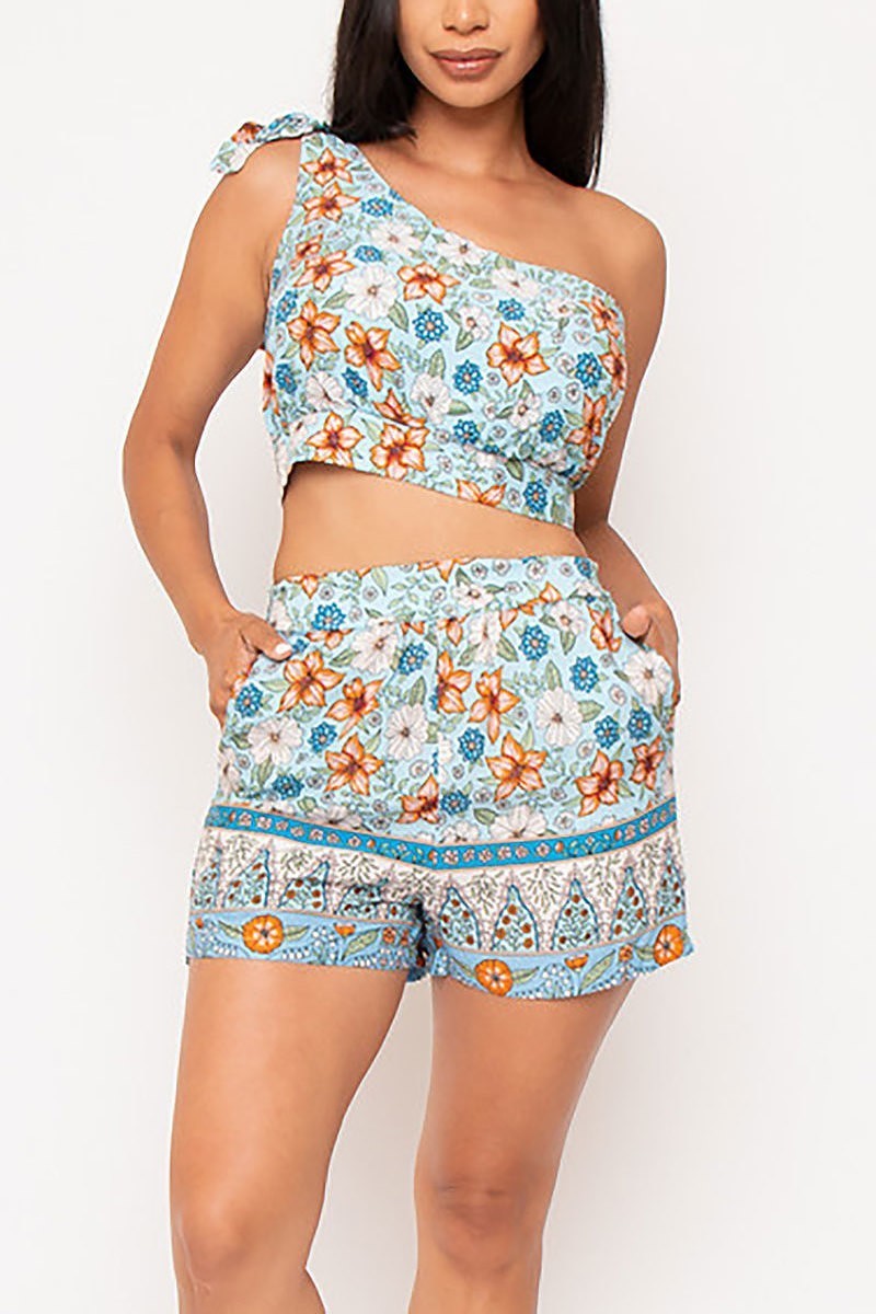 Floral print one shoulder crop top and shorts set (EDVC2468)