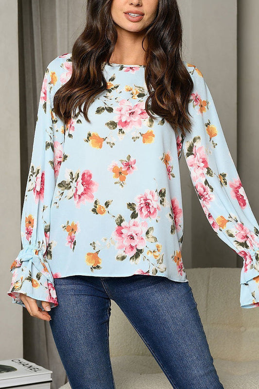 Long bell sleeve ruffle floral tunic top (EDWT6881)