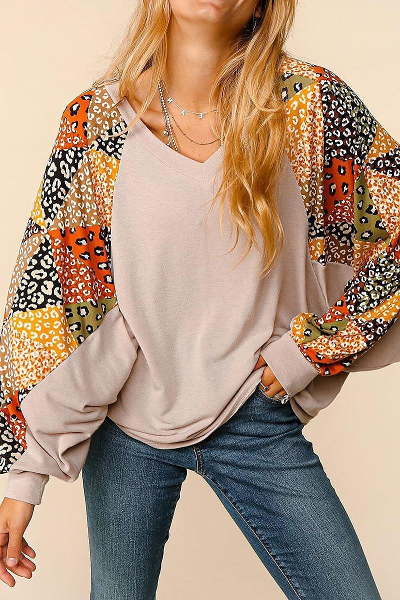 Dolman slouchy patchwork bubble long sleeve top (ETBM4027)