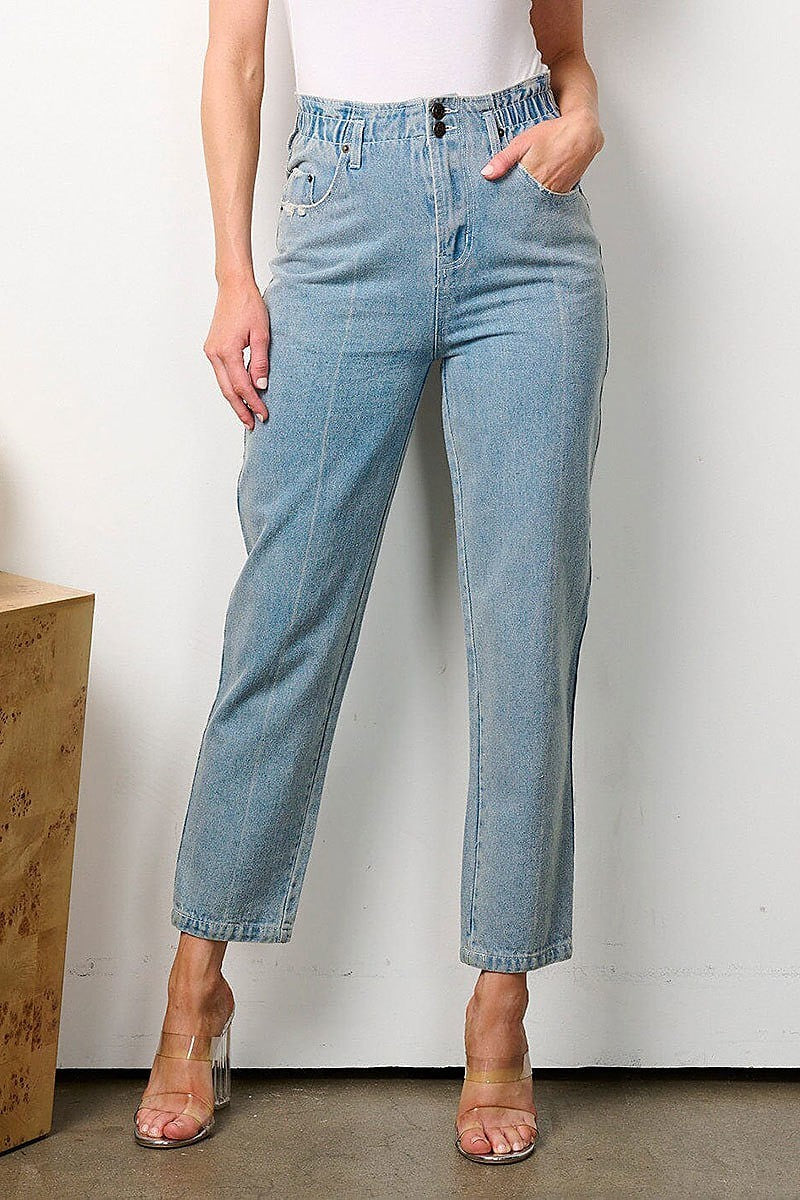 Elastic waist button closure denim pants (EFTWT7999)